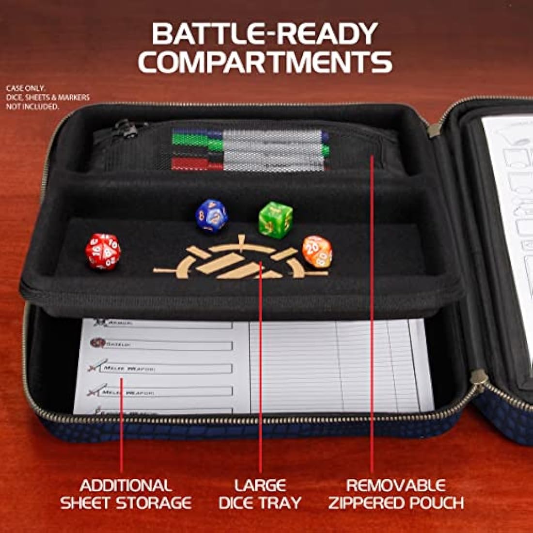 ENHANCE Collector's Edition RPG Organizer Case - DnD Binder with Built-in Character Sheet Holder and Erasable Scribe Panel, Dice Rolling Area, Removable Pen Pouch, Miniature Foam Tray (Dragon Blue)