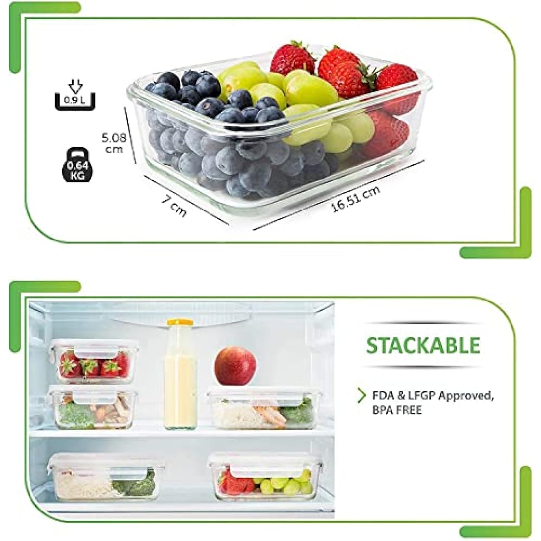 [5-Pack] Food Prep & Storage Glass Containers with Lids - Airtight Glass Meal Prep Containers Reusable (880 Millilitres - 1 Compartment)