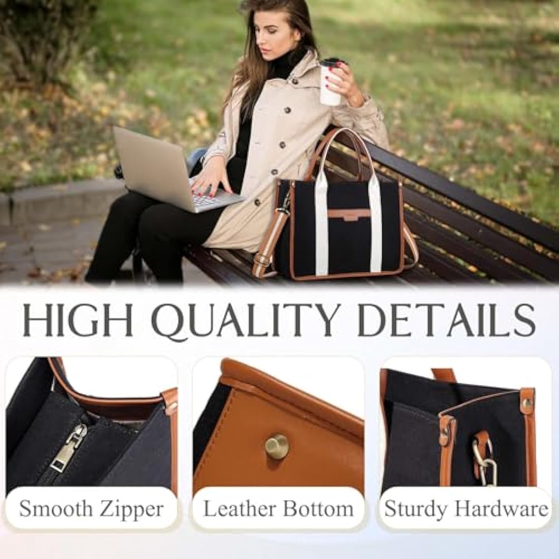RAVUO Laptop Bag for Women, 15.6 Inch Large Canvas Tote Bag Ladies Teacher Purse and Handbag With Detachable Shoulder Strap