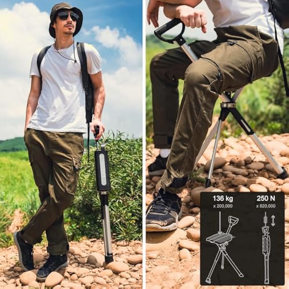Ta-Da Chair Series 2 - Walking Stick with Seat, Lightweight Aluminium Pole Frame & Sturdy Foldable Stool (up to 136kg), Easy Folding Design, Ideal for Hiking & Outdoor Activities