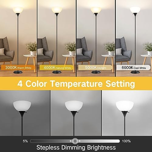 OUTON Dimmable Upligther Floor Lamp with Remote Control, 3000K-6000K Adjustable Color Temperatures, Bulb Included, 1H Timer, LED Bright Tall Torchiere Standing Lamp for Living Room, Bedroom, Office