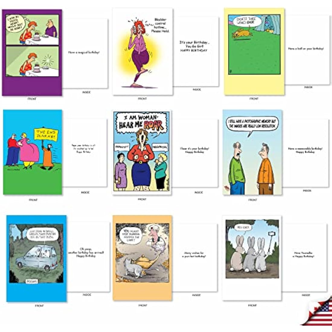 NobleWorks - 36 Assorted Funny Birthday Cards Bulk Box Set with Envelopes (36 Designs, 1 Each) Mixed Humor Greeting Card Variety Pack for Men and Women - Cartoon Party AC9374BDG-B1x36