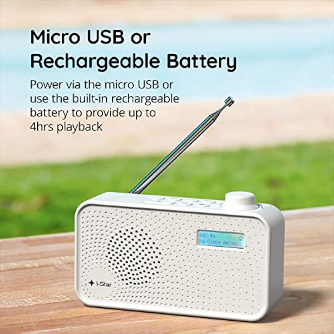 DAB Radio Portable, DAB Plus/DAB Radio, FM Radio Mains Powered or Battery, USB Charging, Clear LCD Display (White)
