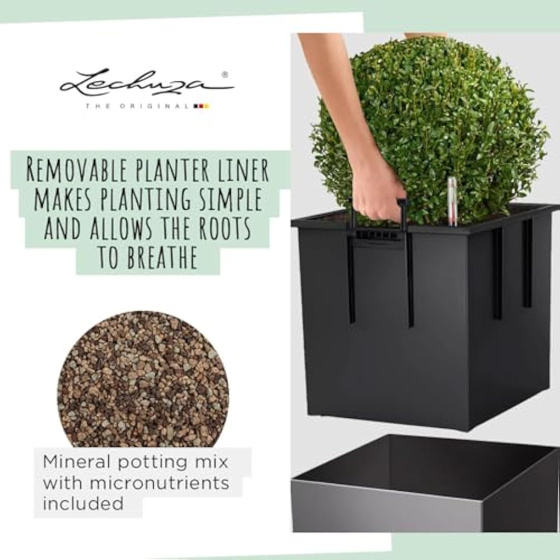 Lechuza Self Watering Plant Pot CUBE 50 Garden Flower Indoor and Outdoor Large Plastic Planter with Drainage Hole H50 L50 W50 cm Charcoal Metallic