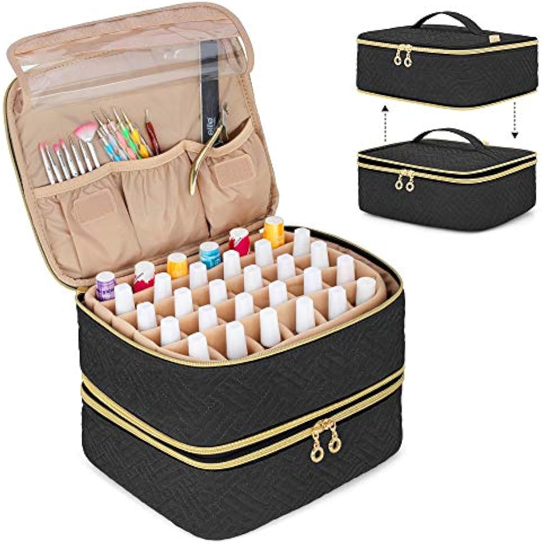 Luxja Nail Polish Organiser Case, Detachable 2 Layers Nail Varnish Case - Hold 60 Bottles (15ml - 0.5 fl.oz), Nail Varnish Storage Bag (Patented Design), Black