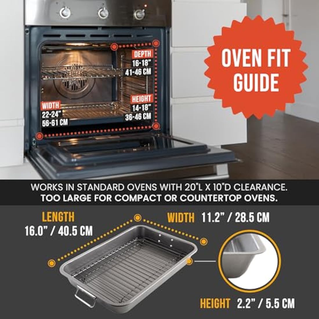 Chef Pomodoro Nonstick Carbon Steel Roasting Pan Roaster with Flat Rack, 16 x 11-Inch (41cm x 28 cm), Large, Grey, Bakeware Rectangular Oven BBQ Baking