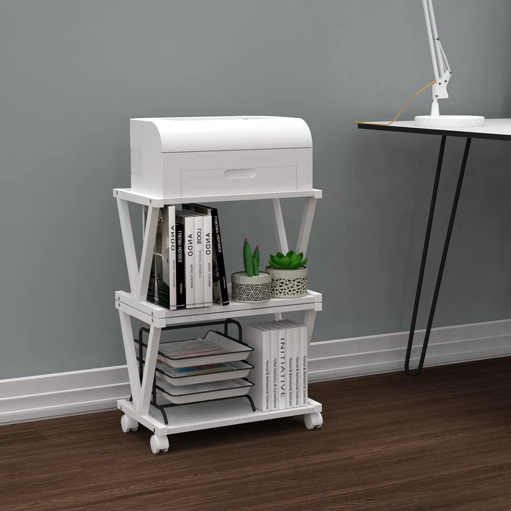 VEDECASA 2 Tier Printer Stand with Wheels Modern Desktop Storage and Organize Under Desk Printer Table for Home Office (White)
