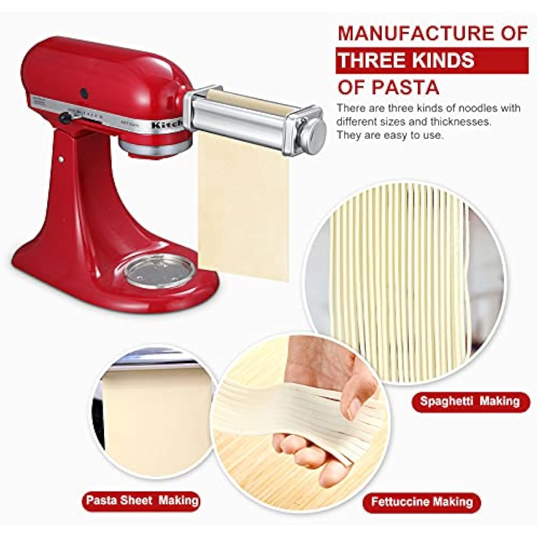 Pasta Maker Attachment Set for KitchenAid Stand Mixers Included Noodle Lattice Roller, Spaghetti Cutter, Pasta Roller and Cleaning Brush