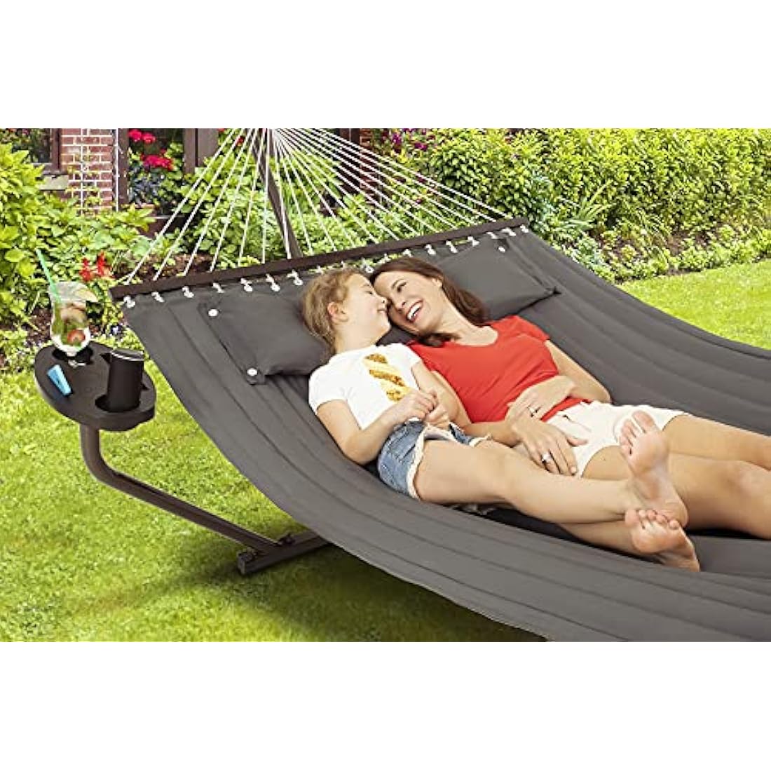 Vita5 Hammock Stand with Sidetable, Garden Hammocks 2 Persons, Side Table & Detachable Pillow, Heavy Duty 200kg Capacity, Indoor and Outdoor Hammock for Patio, Pool or Backyard (Dark Grey)