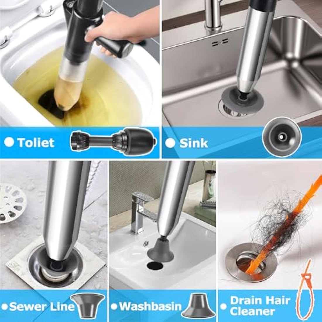 LightingWill High Pressure Toilet Plunger Set, Toilet Unblocker Heavy Duty with A Holder and 4 Replaceable Heads, Toilet Unblocker Tools for Unblocking Toilet Bathtub Shower Floor Drain and Pipe Clog