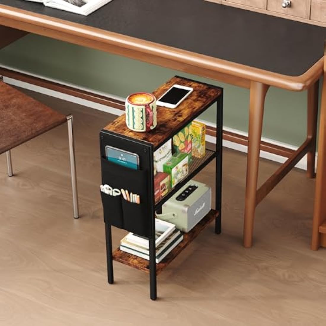 Yusong Small Narrow Side Table for Small Spaces, Slim End Table with Storage Bag, Sofa Snack Table with Adjustable Metal Mesh, 3 Tier Accent Skinny Beside Table for Living Room & Bedroom, Rustic Brown
