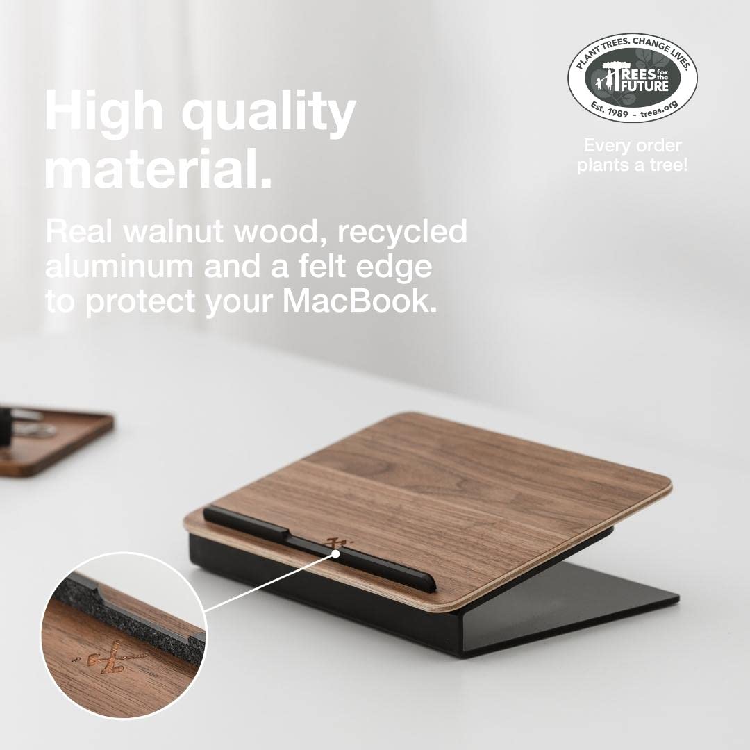 Woodcessories - Wooden laptop stand compatible with 10 - 16 inch MacBook stand, ergonomic laptop holder made of walnut wood