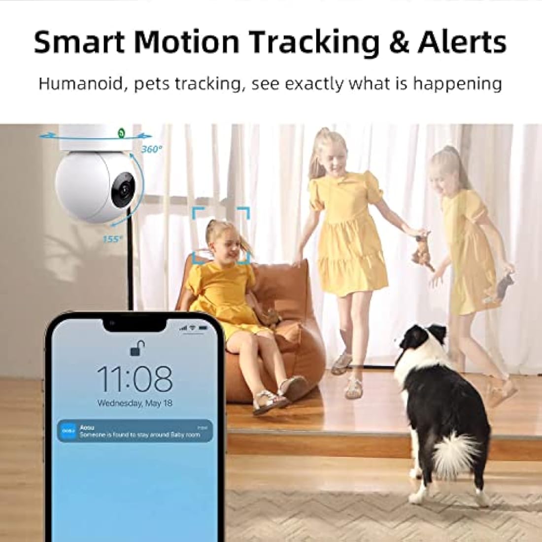 AOSU 2.5K Indoor Camera Wired 5GHz WiFi - Dog Cat Kids & Elderly Monitoring, Plug-In, 24/7 Recording, 360 Pan-Tilt, Two-Way Audio, Alexa Compatible, Dual Band WiFi, Long Range IP Cam