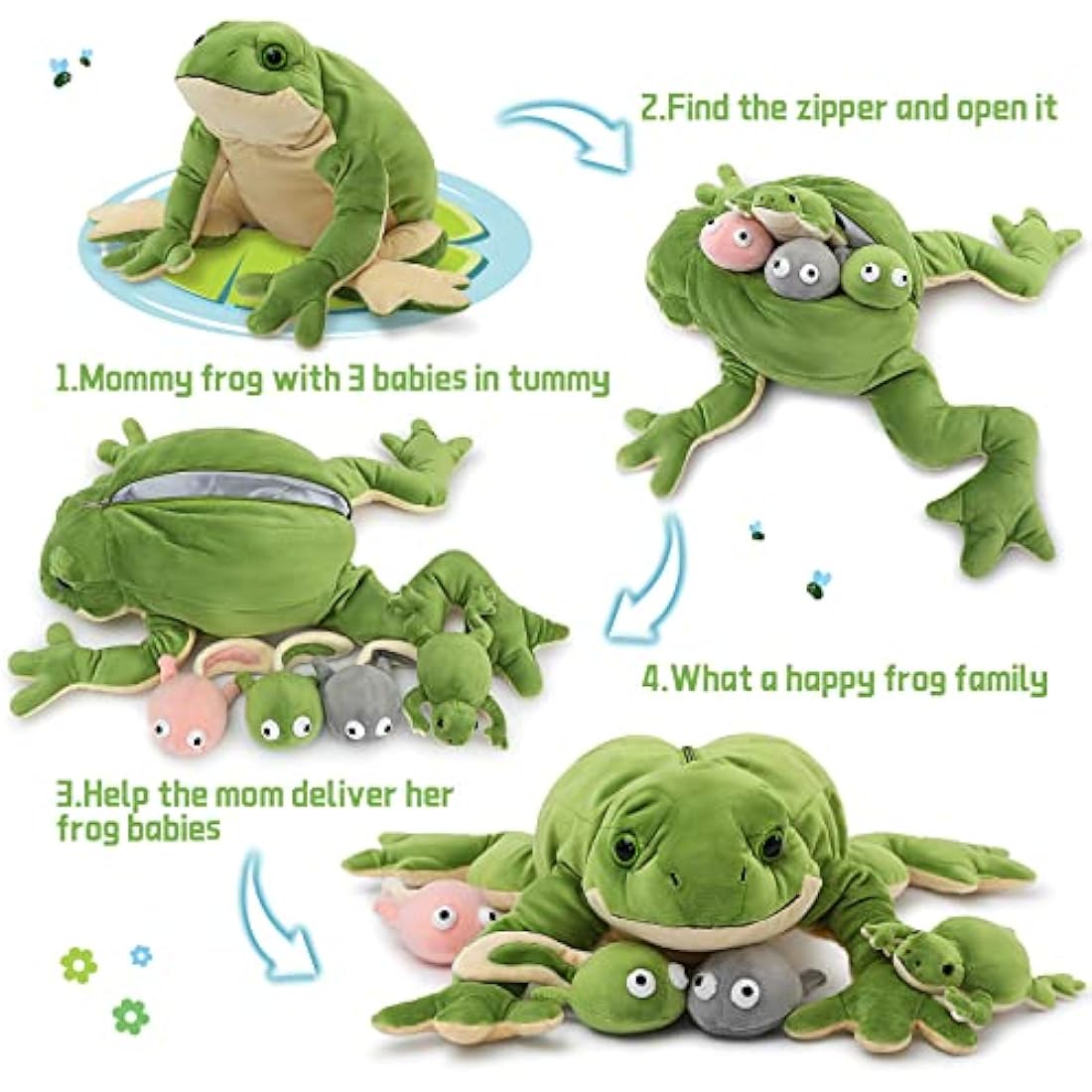 MorisMos Mummy Frog Teddy with 4 Baby Tadpole inside Toys, Cuddly Realistic Green Toad Stuffed Animals, Large Lifelike Frog Plush Soft Toy for Children Girls Boys Birthday Presents 52cm