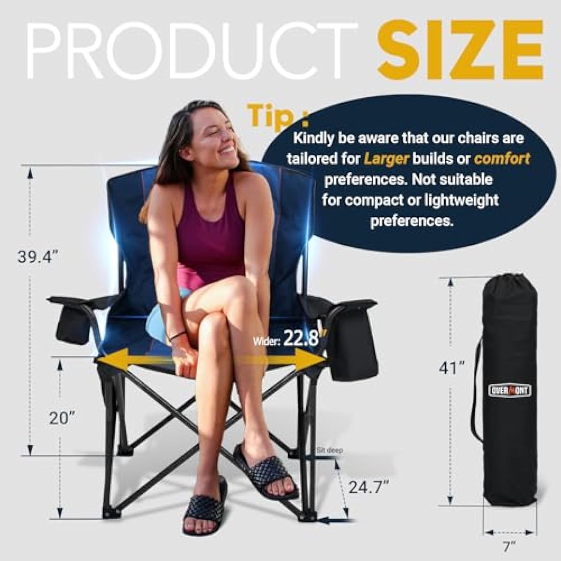 OVERMONT 204kg Oversized Camping Folding Chair for Adults with Cooler Bag & Carry Bag-Heavy Duty Lawn Chair with Cup Holder Support 450 LBS with High Back Comfy for Garden Picnic Beach