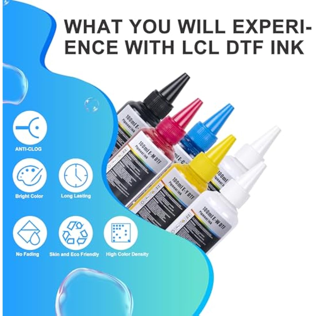 LCL 600ML Premium DTF Ink Refill for Inkjet Printers Heat Transfer Film Printing (100ml x 6 CMYK 2Wh) Replacement for Epson L800 L1800 L805 R1390 4720 I3200 XP600 DX7 DX5 5113 1430 TX800P400 P408 P640