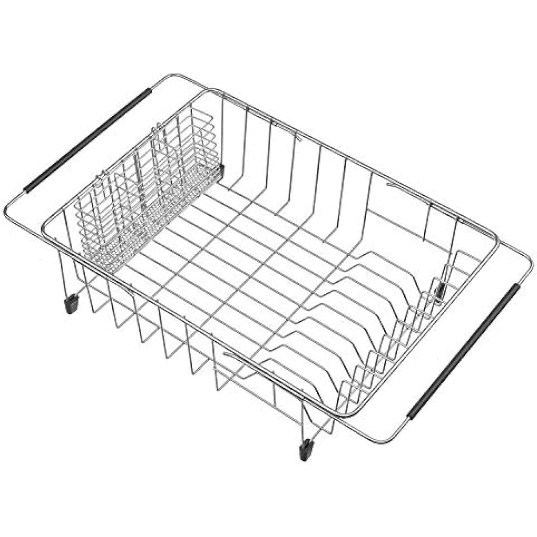 SANNO Expandable Dish Drying Rack with Utensil Cutlery Holder, Dish Drainer Shelf Dish Rack in Sink On Counter with Utensil Silverware Cutlery Holder, Rustproof Stainless Steel