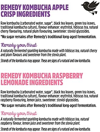 Remedy Kombucha Tea - Raspberry Lemonade & Cherry Plum - Sparkling Live Cultured, Naturally Sugar Free Soft Drink - Prime Probiotic for Gut Health - 24 x 250ml