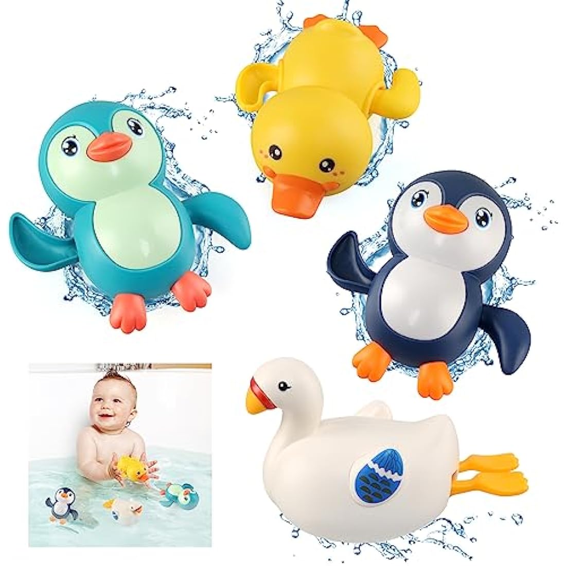 BelleStyle Baby Bath Toys, Wind Up Bathtub Toys Paddling Pool Toys Swimming Floating Duck Penguin Swan Clockwork Water Toys for Kids Toddlers Boys Girls 4 Pieces