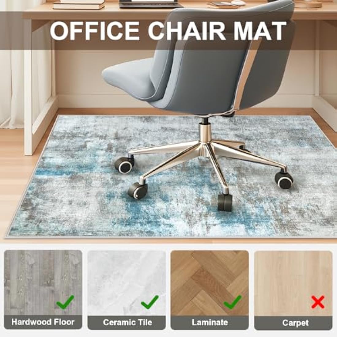 Office Chair Mat 90 x 120 cm, Floor Protector for Office Chair, Anti-Slip Desk Chair Mats, Chair Mat for Hardwood Floor, Computer Rolling Chairs Mat Hard Floor for Home and Office, Machine Washable