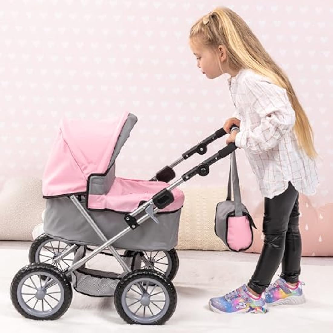 Bayer Design 13008AA Dolls Pram Trendy, stroller, foldable, height-adjustable handle, bag, grey-pink with fairy