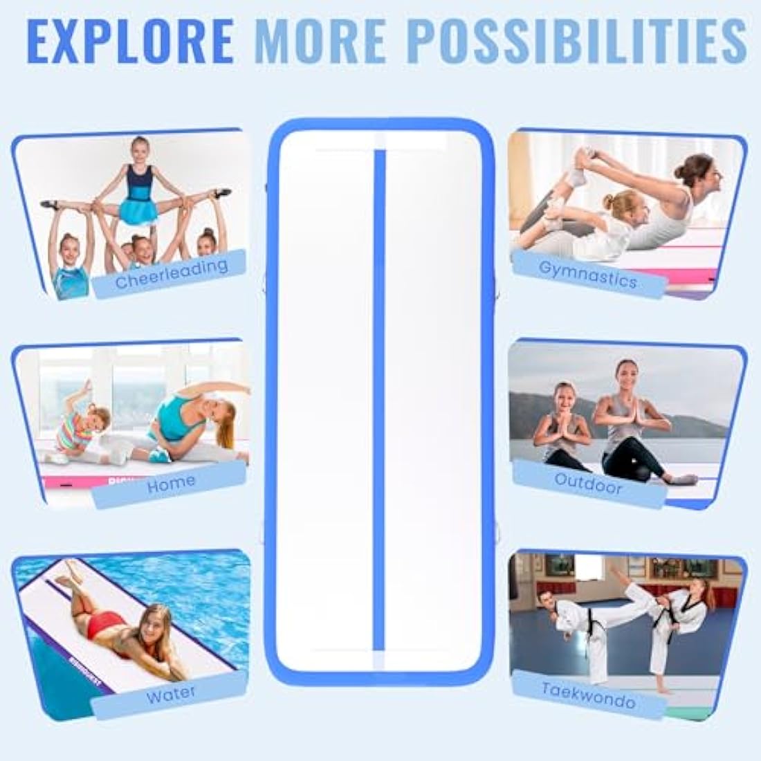 RISINGUKST Air Gymnastics Track Tumbling Mat Inflatable, 6.6ft 10ft 13ft 16ft 20ft Training Mats 4/8 Inch Thickness, Air Roller Air Barrel