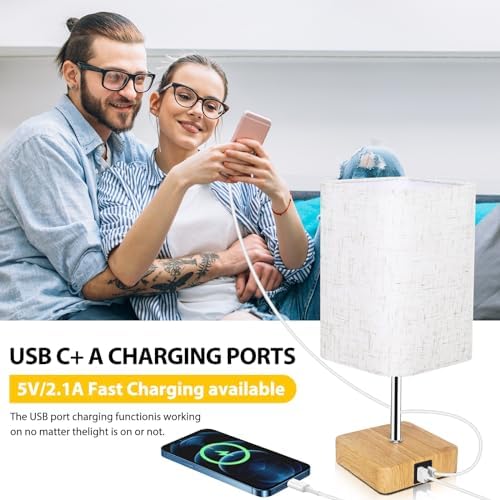 Touch Control USB Table Lamp, Dimmable Nightstand Lamps with USB Charging Ports, Small Touch Lamp with Wood-grain Base ＆ Fabric Shade for Bedroom, Living Room, Children's room, Bulb Included, 2 Pack