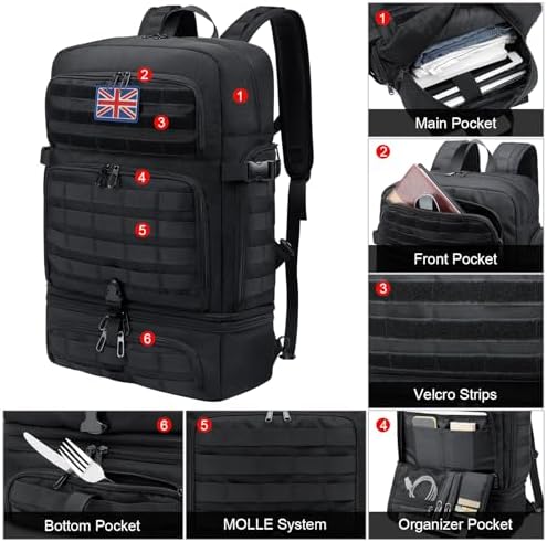 BERTASCHE Lunch Backpack for Men, Laptop Backpack with Insulated Cooler Box, Work Bag for Office, Travel, Uni, Hiking, Tactical, Molle, Black