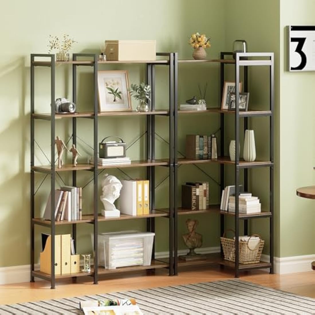 VEDECASA 5 Tiers Corner Bookshelf 5 Tiers Deformable Corner Bookcases Industrial Freestanding Bookshelf Storage Display Rack with Metal Frame for Living Room Home Bedroom Home Office Study Room