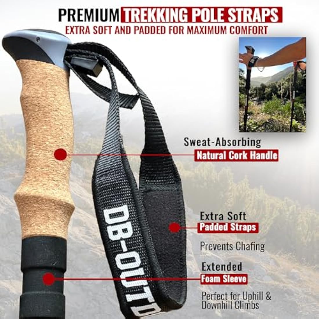 DB-OUTDOOR Trekking Hiking Walking Poles Women and Men - 2 Ultralight 7075 Aluminum Collapsible Hiking Sticks for Men, Natural Cork Grip & Metal Flip Lock Nordic Walking Poles for Men and Seniors