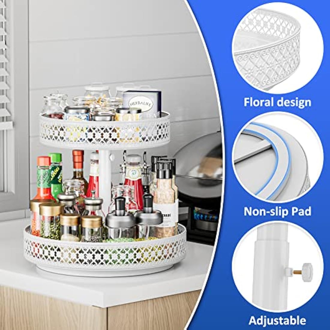 Lazy Susan Organizer 2 Tier - Turntable Spice Rack 12 inch Adjustable Metal Rotating Lazy Susan for Cabinet Pantry Kitchen Countertop Dining Table Cupboard Bathroom Vanity Storage White