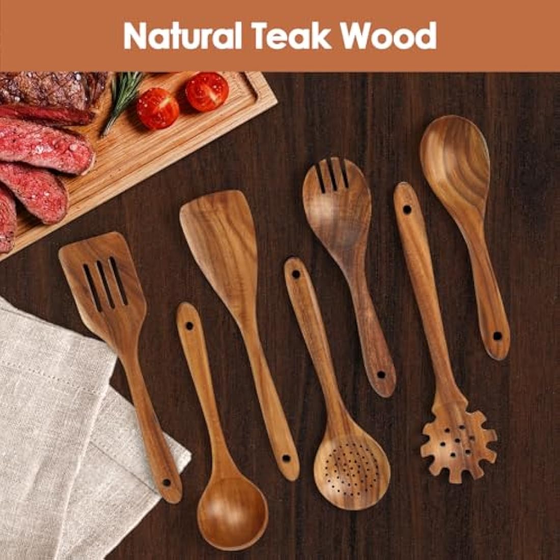 comfoyar Teak Wooden Spoons for Cooking, 7 Pieces Kitchen Cooking Utensils Set with Spatula and Ladle, Heat Resistant Kitchen Cookware for Nonstick Pan