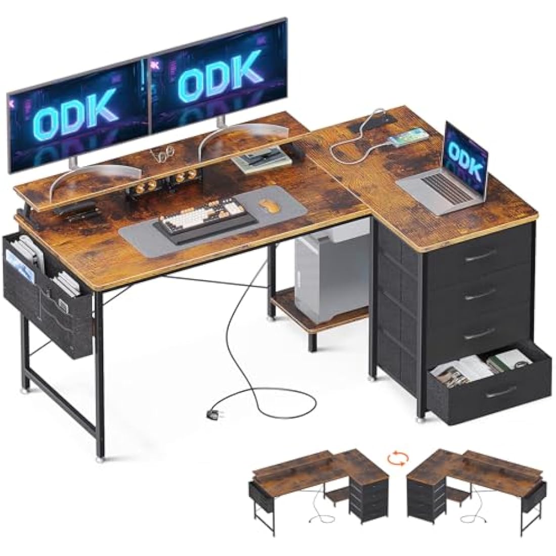 ODK Corner Desk with Drawers, L Shaped Computer Desk 140x80cm with USB Charging Port & Power Outlet, Home Office Desk with Monitor Stand and PC Stand, Gaming Desks Workstations, Rustic Brown
