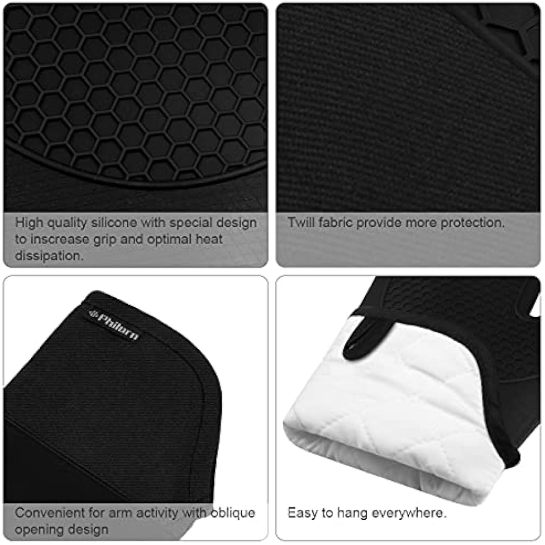Philorn Silicone Glove Waterproof Heat Resistant Oven Mitts Non-slip with 2 Insulation Pads Long Cotton Cuffs BBQ Baking Smoking Potholders (Black)