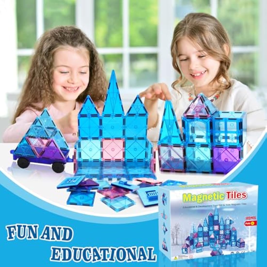 Magnetic Building Blocks Magnetic Tiles 102PCS Princess Castle STEM Toys With Ferris Wheel/2 Cars Educational Construction Magnets Toys Gift for Kids Boy Girls Age 3+ 4 5 6 7 8 Year Christmas Birthday