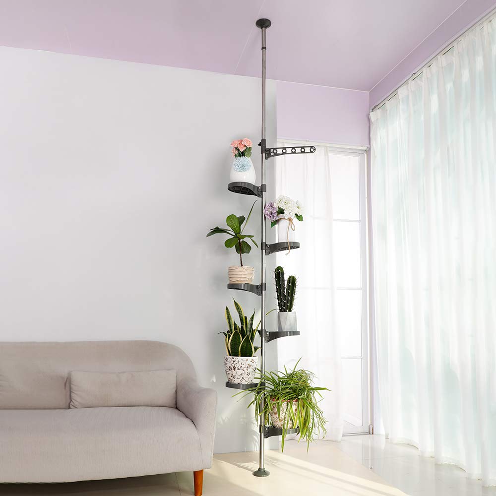 BAOYOUNI 7-Tier Indoor Plant Pole Spring Tension Rod Expandable Flower Pots Display Rack Stand Hanger Metal Corner Storage Shelf, Grey