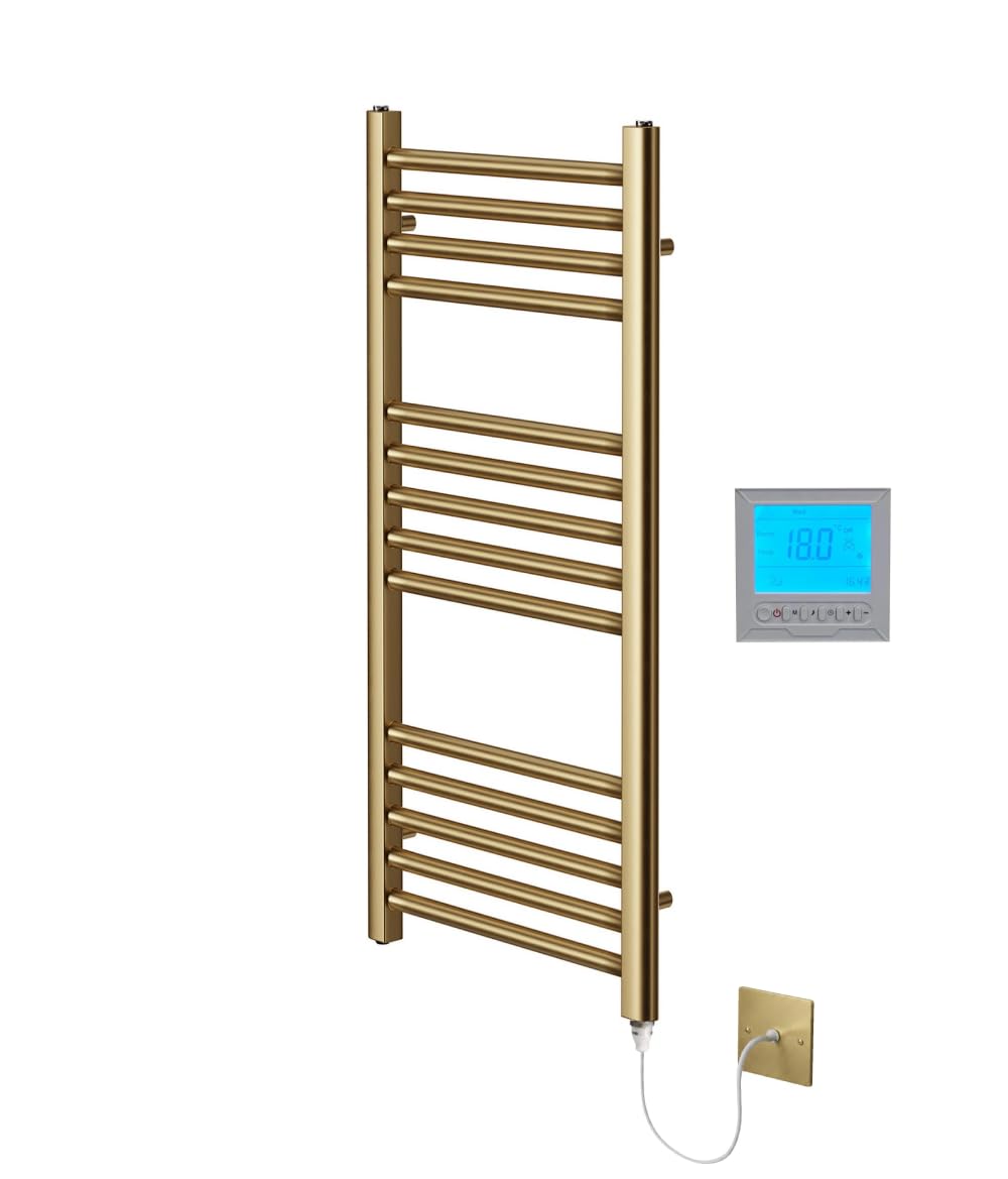 Greened House Brushed Brass Electric Towel Rail 300mm W x 800mm H + Timer