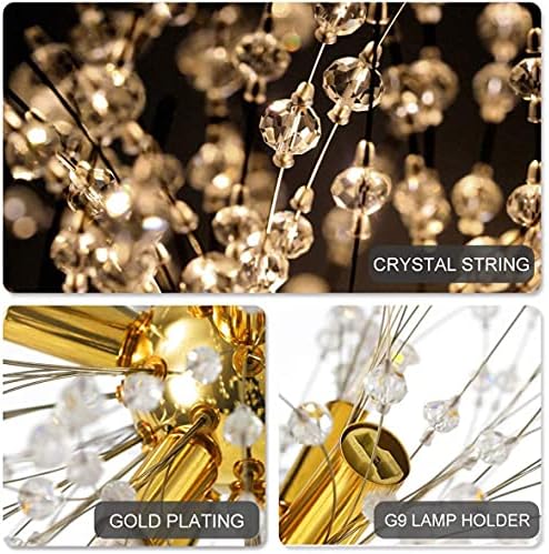 Modern Crystal Dandelion Pendant Lights Ceiling Gold Firework Chandeliers, G9 Lamp Alloy Fixtures With 8 Bulb and 32 Strings Crystal, for Living Room, Bedroom, Dining, Foyer, Bar(Warm light, Gold)