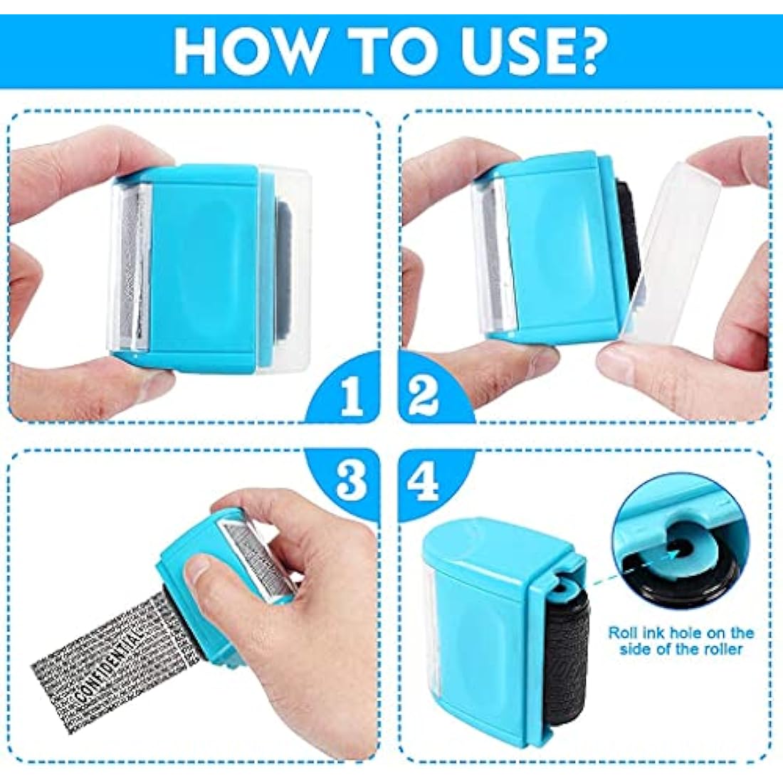 Lindastas Address Blocker Wide Roller Stamp - Confidential Data Defender With 3-Pack Refills for Anti Theft and Privacy Safety (Blue Stamp + 3 Refills)
