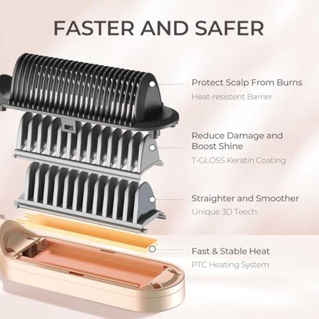 TYMO Hair Straightener Brush UK, Flat Iron and Hair Brush 2-in-1, Anti-Scald, Fast Heating, 5 Temp Settings (130℃-210℃), Professional Salon at Home, Wider Comb for Even Straightening, Peach