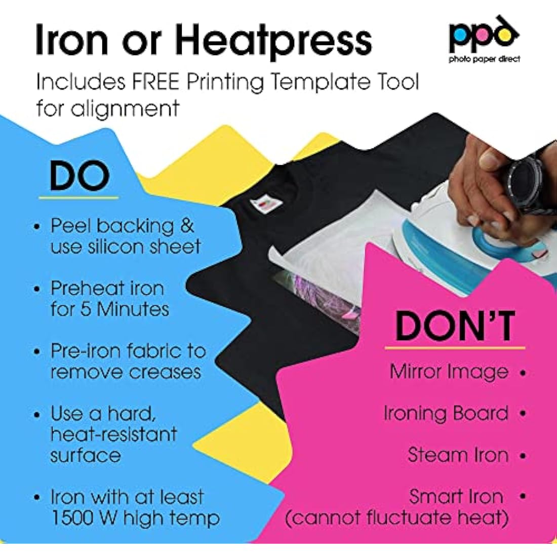 PPD Iron on Transfer Paper for Dark Fabric Compatible with Inkjet Printer, A4, 8.5 x 11 Printable T Shirt Heat Transfer Papers, Custom Print Photo, Durable, Flexible & Machine Washable (50 Sheets)
