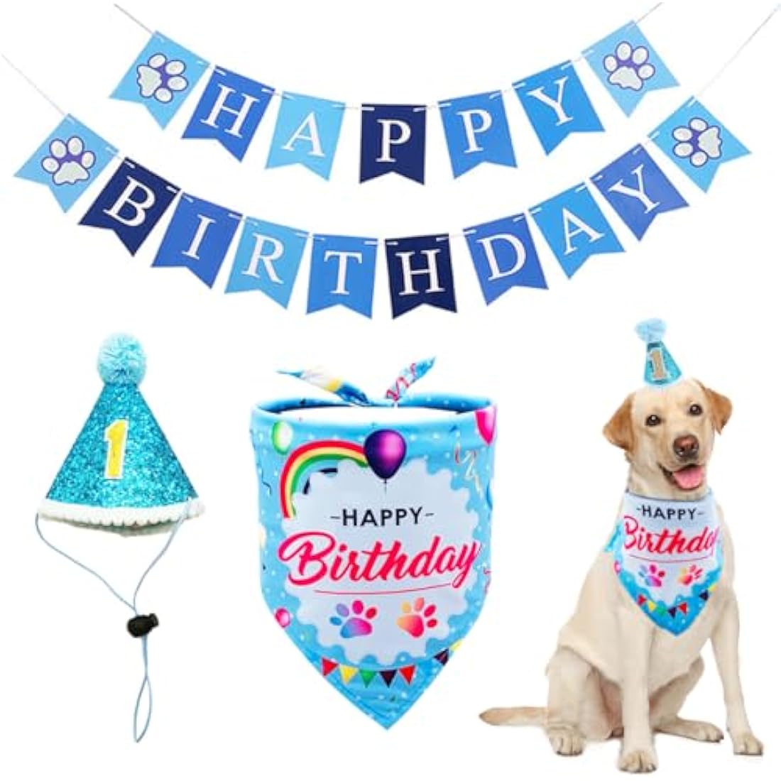 BIPY Blue Dog 1st Birthday Hat Bandana Banner for Boys Small Medium Dogs Cats Soft Bibs Doggy Party Grooming Supplies Celebration Birthday Bandana Set Costumes Headwear