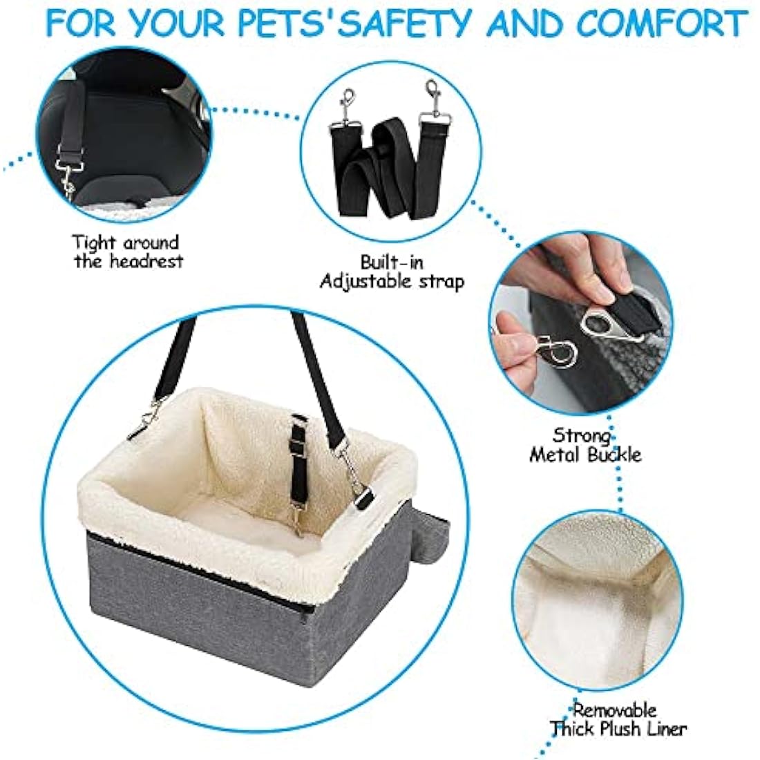UNICITII Dog Car Seats for Small Dogs-Elevated Pet Dog Booster Seat for Dog,Raised Dog Lookout Car seat w/Clip-On Safety Leash Adjustable Pet Travel Seat, Grey-9 kg, (BGUN-PS002bb)