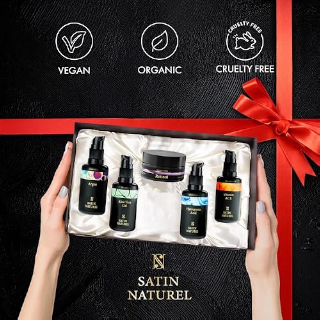 Satin Naturel Luxury Gift Set for Women – 5x30ml Skincare Bundle with Hyaluronic Acid Serum, Vitamin C Serum, Aloe Vera Gel, Argan Oil & Moisturiser – Skincare Set for Her in Premium Gift Box