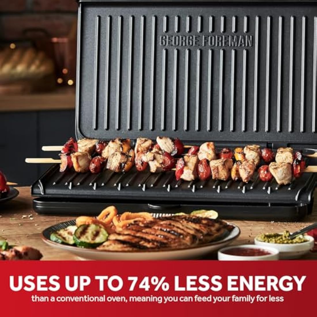 George Foreman Large Electric Fit Grill [Non stick, Healthy, Griddle, Toastie, Hot plate, Panini, BBQ, Energy saving, Vertical storage, Easy clean, Drip tray, Ready to cook light] Black, 2400W 25820