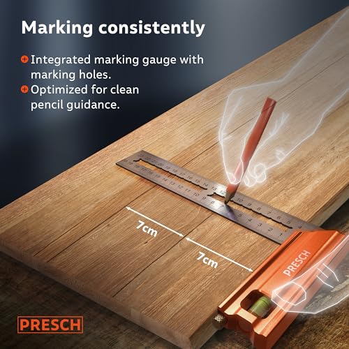 Presch Try Square Set | 200mm, 300mm & 400mm | All-in-One Compact Set | Includes rust-free marking gauge (20cm, 30cm & 40cm), level & scribing needle | 90° & 45° | Carpenters Squares, Square Tool