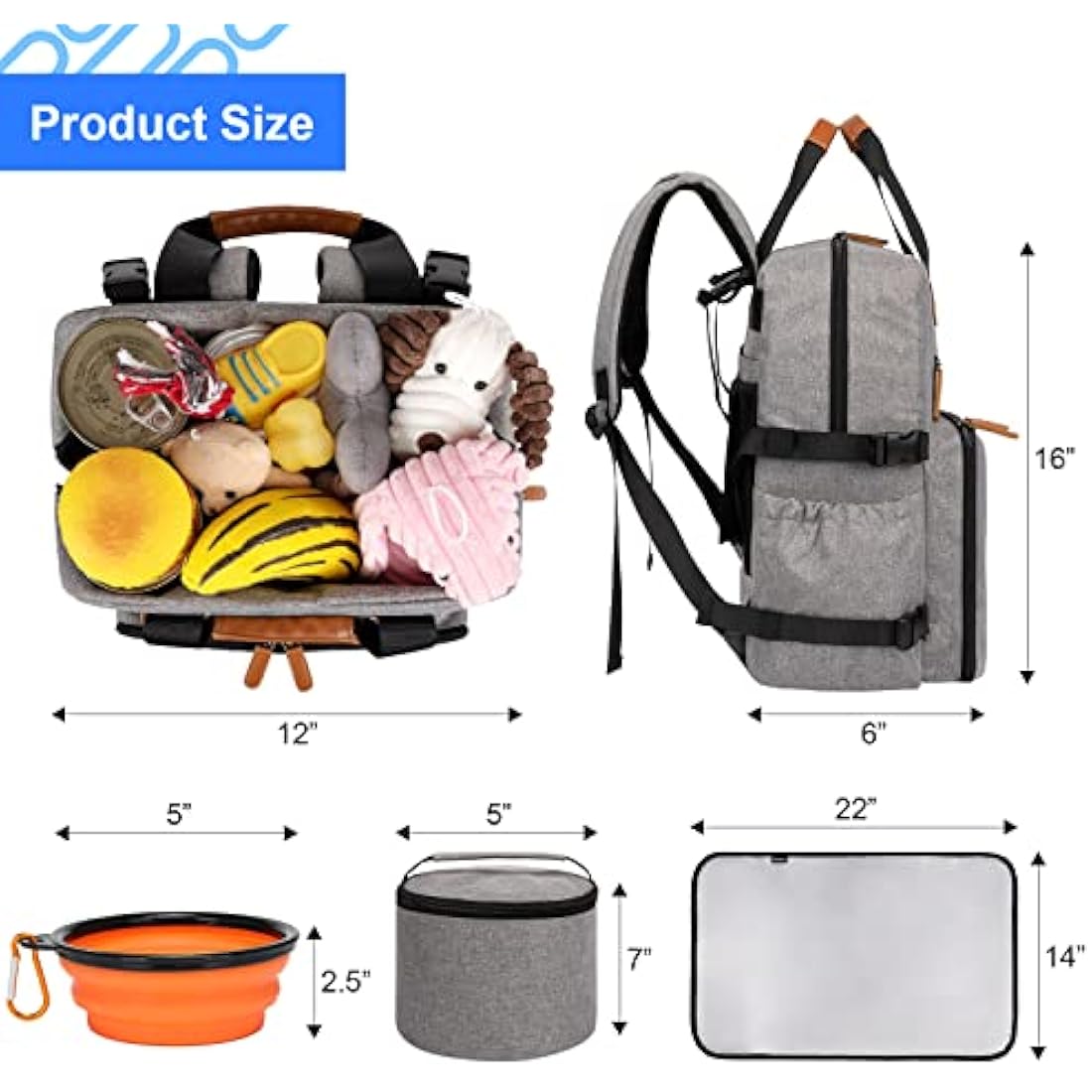Modoker Dog Travel Bag, Airline Approved Backpack for Pet Accessories Organizer, Tote Weekend Bag with 2 Dog Food Storage Containers, 2 Collapsible Dog Bowls, 1 Pet Mat, Grey