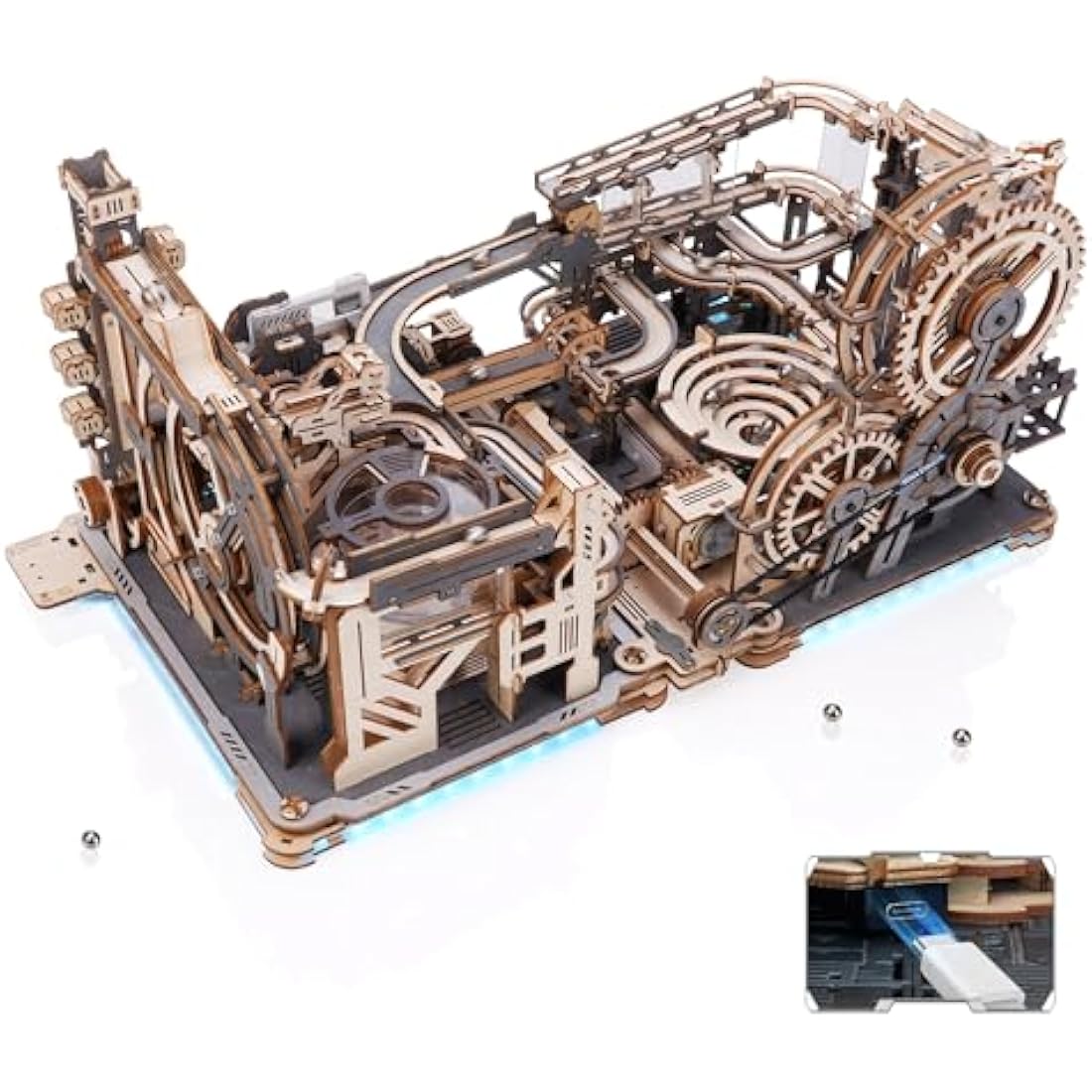 ROKR Marble Run Electric Combination Set 3D Wooden Puzzle Model Kits For Adults To Build Idea For Men Teens-Marble Spaceport & Night City & Link Pack