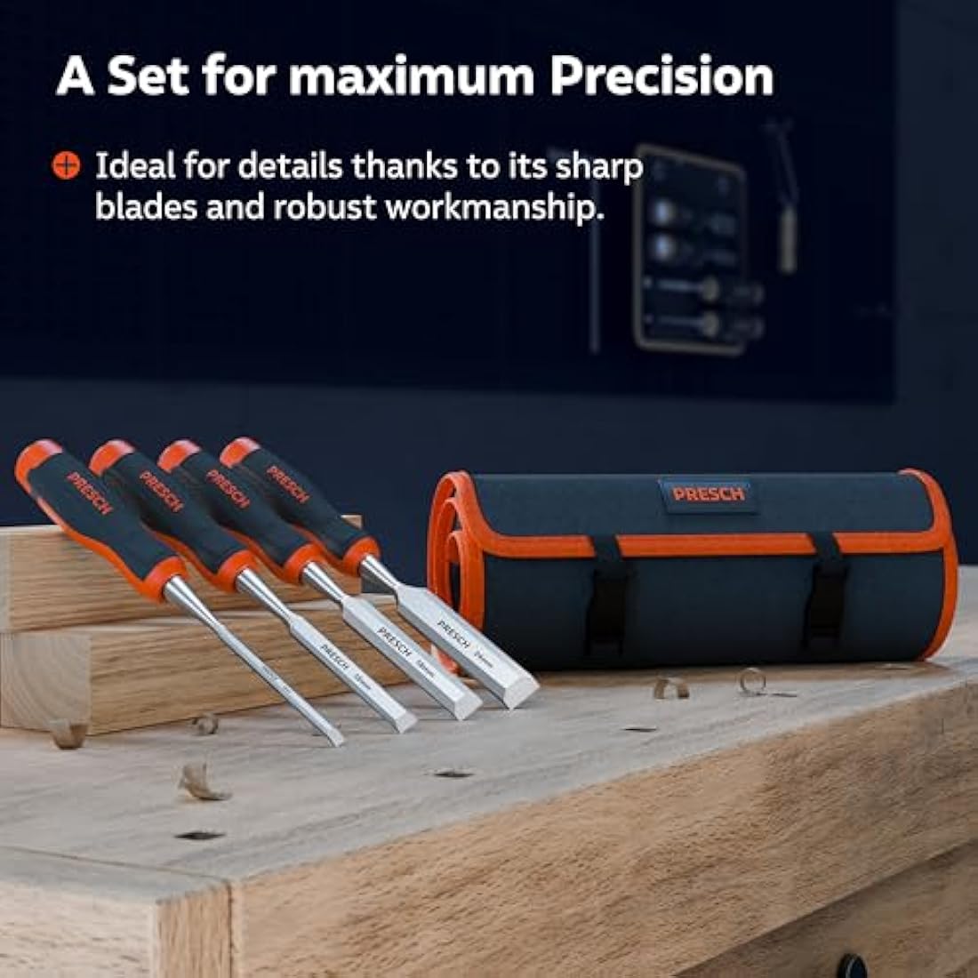 Presch Wood Chisel Set 4 pcs. incl. Bag (6, 12, 18 & 24mm) - Fully Polished for immediate use - for Professionals with a 25° Angle and Robust Metal Striking Cap