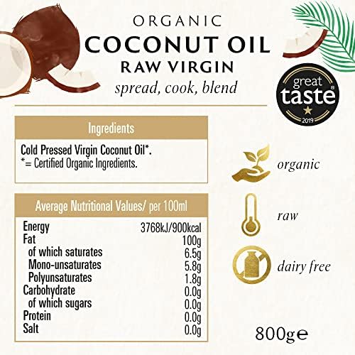 Biona Organic Raw Virgin Coconut Oil 800g - Great Taste Award 2024 Winner - Versatile Cooking Ingredient & Natural Beauty Product